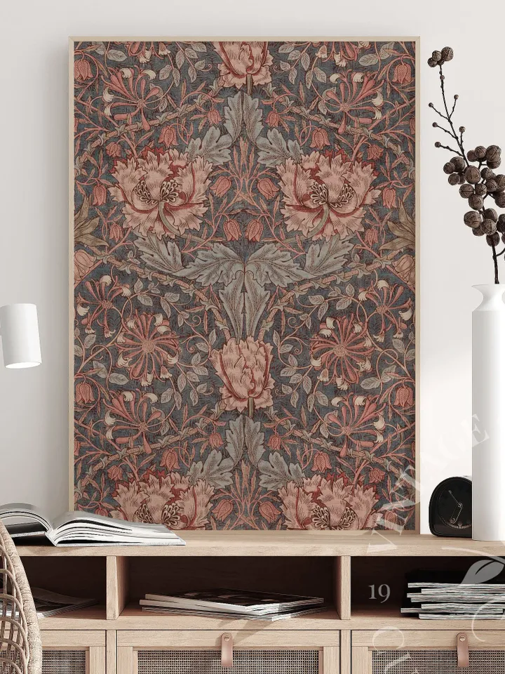 Vintage Textile Wall Art Print by William Morris, Muted Red Abstract Flowers, Art Nouveau PRINTABLE Home Decor | 116