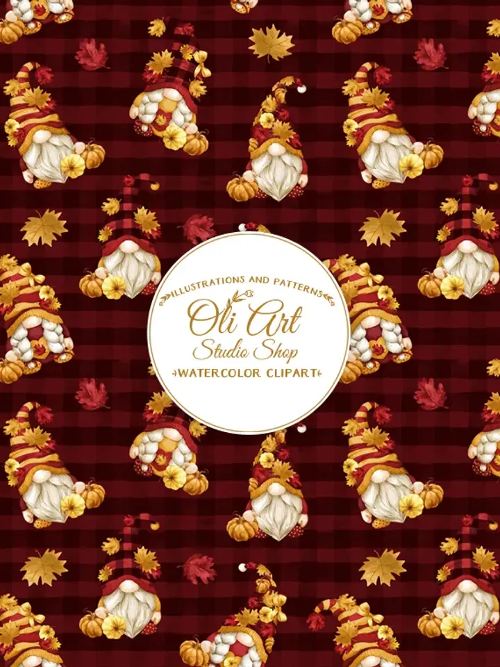 Download Seamless patterns. Gnomes & pumpkin. Fall, Autumn. Fall Buffalo Plaid JPG. Digital Download