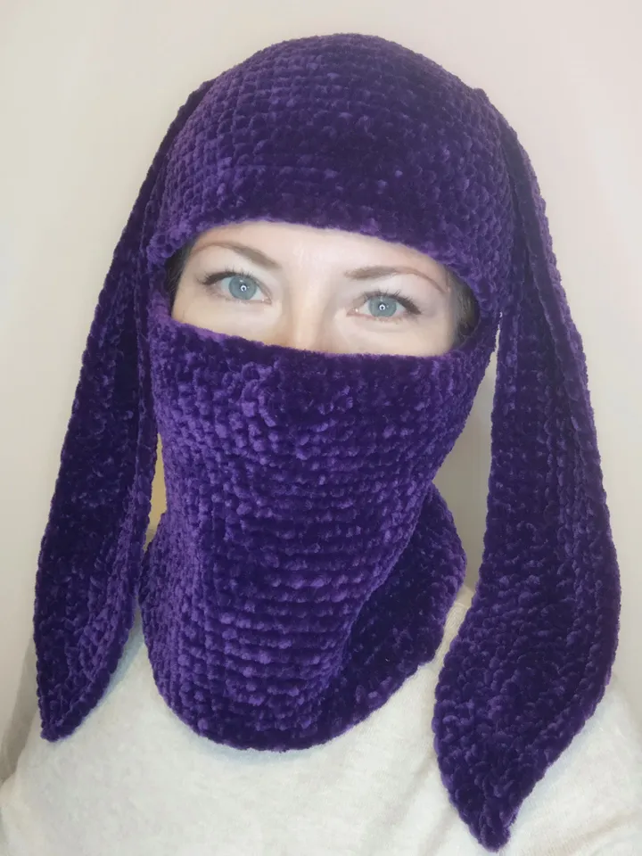 Purple bunny balaclava crochet. Fluffy balaclava with bunny ears. Kawaii bunny hat for teens.