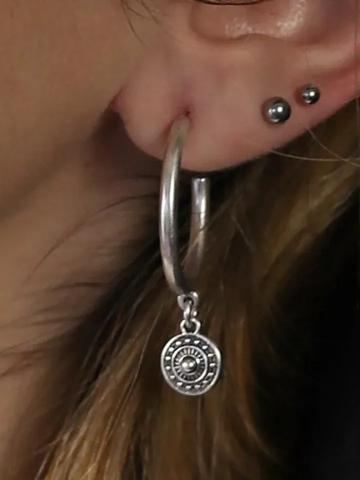 Hoop Earrings with Tiny Ethnic Charm, Gold Silver Dangle Hoops 29mm for Women Teens, Dainty Tribal Minimal Coin Geometric Jewelry for Her