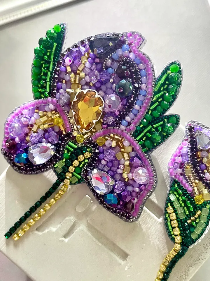 Iris Set of Beaded Brooches, Handmade Embroidered Accessory, Pin Flower of Purpel and Golden Colors, Flower Brooch