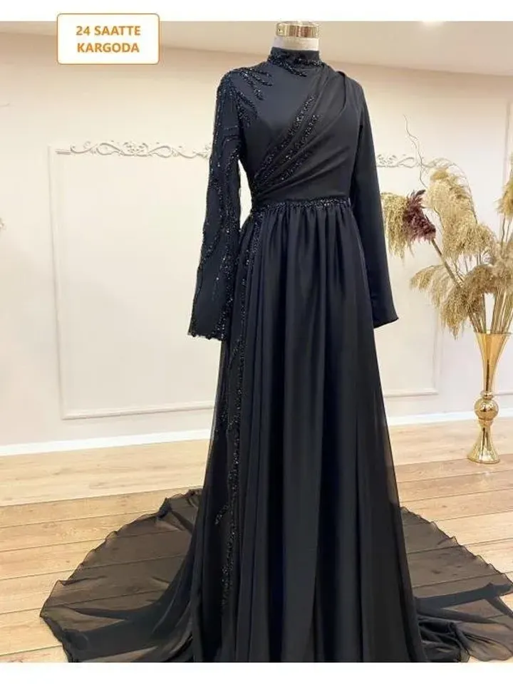 AHUNARE HIJAB - Şura  Black Chiffon Embroidered Wedding Dress, Muslim Evening Gown, Nikah, Islamic Wedding, Engagement, Bridesmaid,
