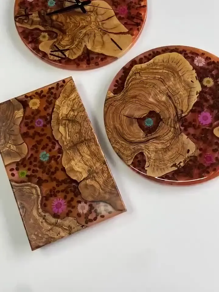 Set of 3 Epoxy Live Edge Olive Wood, Coffee Table, Wall Clock, Serving Tray, Unique Coffee Table, Farmhouse Wall Clock
