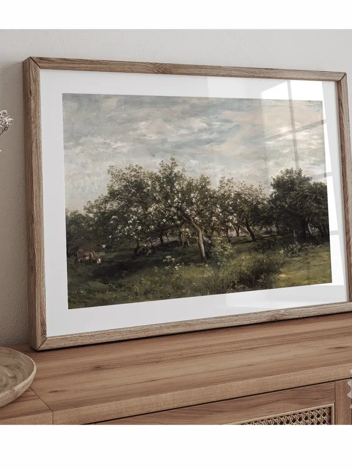 Apple Orchard Landscape, Vintage Art Print, Dark Green Country Painting, Printable Decor | 386