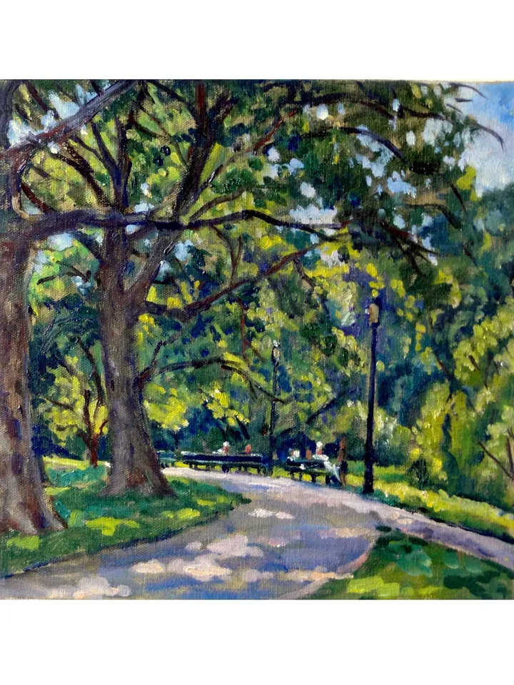 Original New York Landscape Painting - Shady Path/Inwood Hill Park/NYC- 12x12 Oil on Canvas, Impressionist Fine Art, Signed Original