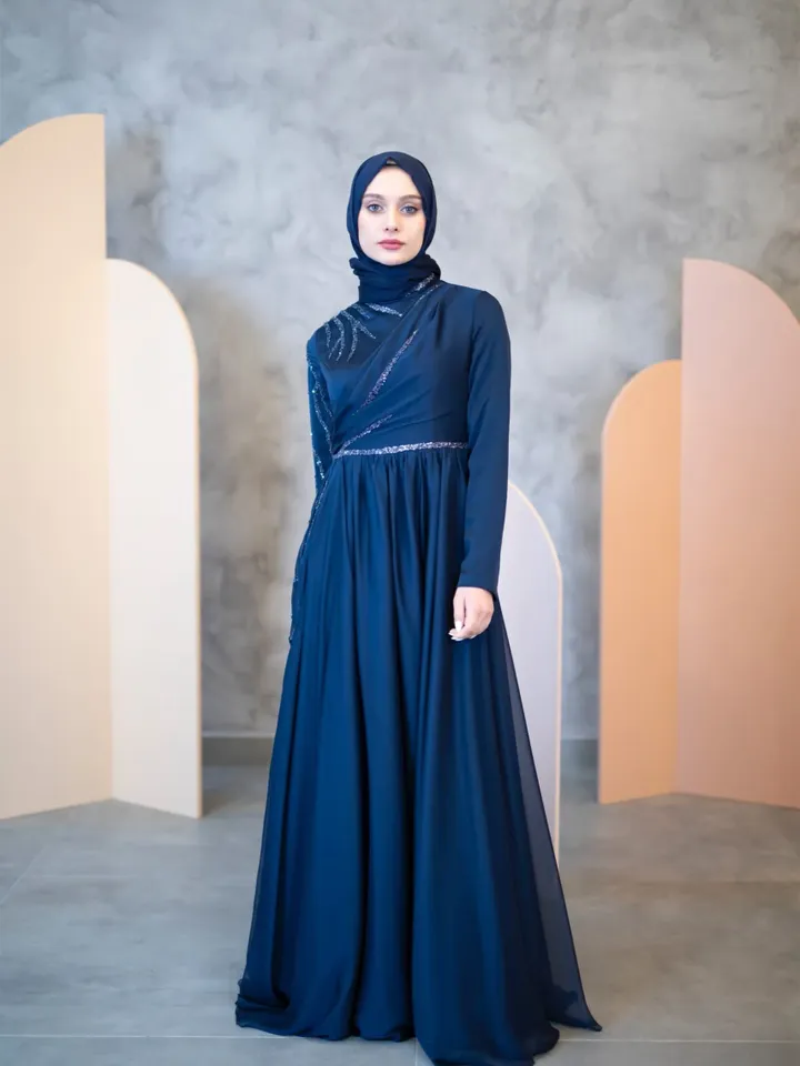 AHUNARE HIJAB - Şura Navy Blue Chiffon Wedding Dress, Muslim Evening Gown, Nikah, Islamic Wedding, Engagement, Bridesmaid,
