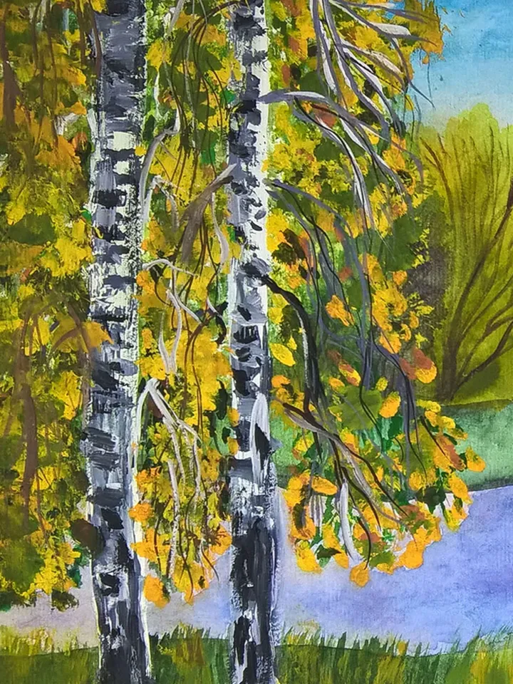 Watercolor painting of a birch and a river Autumn landscape in a watercolor painting Painting of nature Original watercolor painting