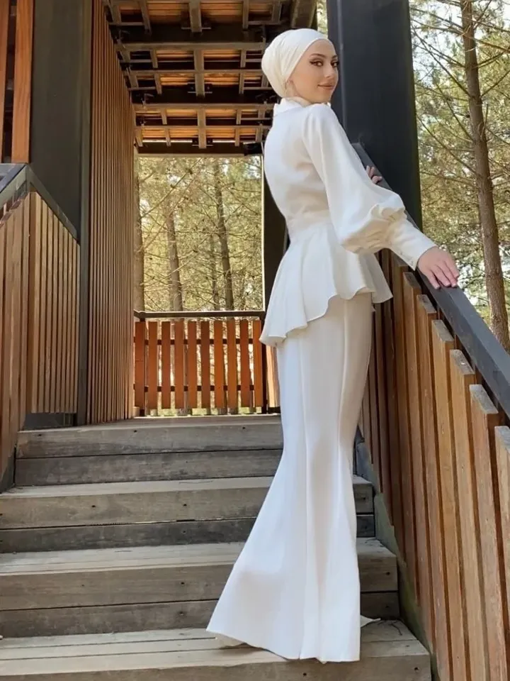 AHUNARE HIJAB - Lina White Satin Wedding Dress, Muslim Evening Gown, Nikah, Islamic Wedding, Engagement, Bridesmaid,