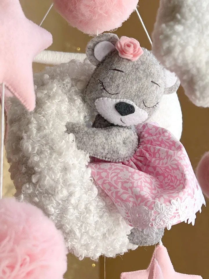 Baby mobile bear, baby girl mobile crib, baby mobile musical, bear mobile nursery