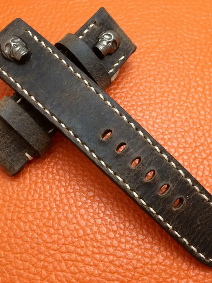 Genuine Leather Brown Watch Straps in 24mm, Skull Sterling Silver Stud, Mens Wristwatch Band 26mm, Watch Accessories, Personalise Gift Ideas
