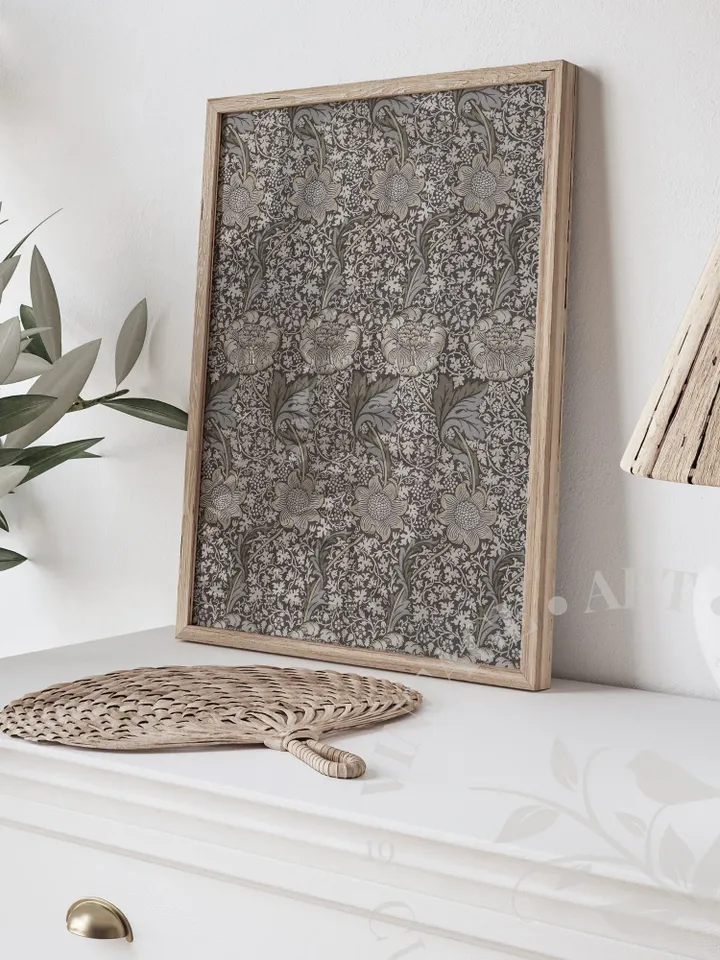 Vintage Textile Art by William Morris PRINTABLE, Muted Blue Fabric Wall Art Downloadable Home Decor | 93