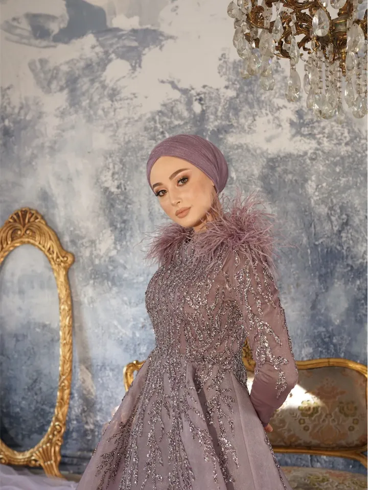 AHUNARE HIJAB - Diamond Rose Color Embroidered Princess Wedding Dress, Muslim Evening Gown, Islamic Wedding, Engagement, Bridesmaid,
