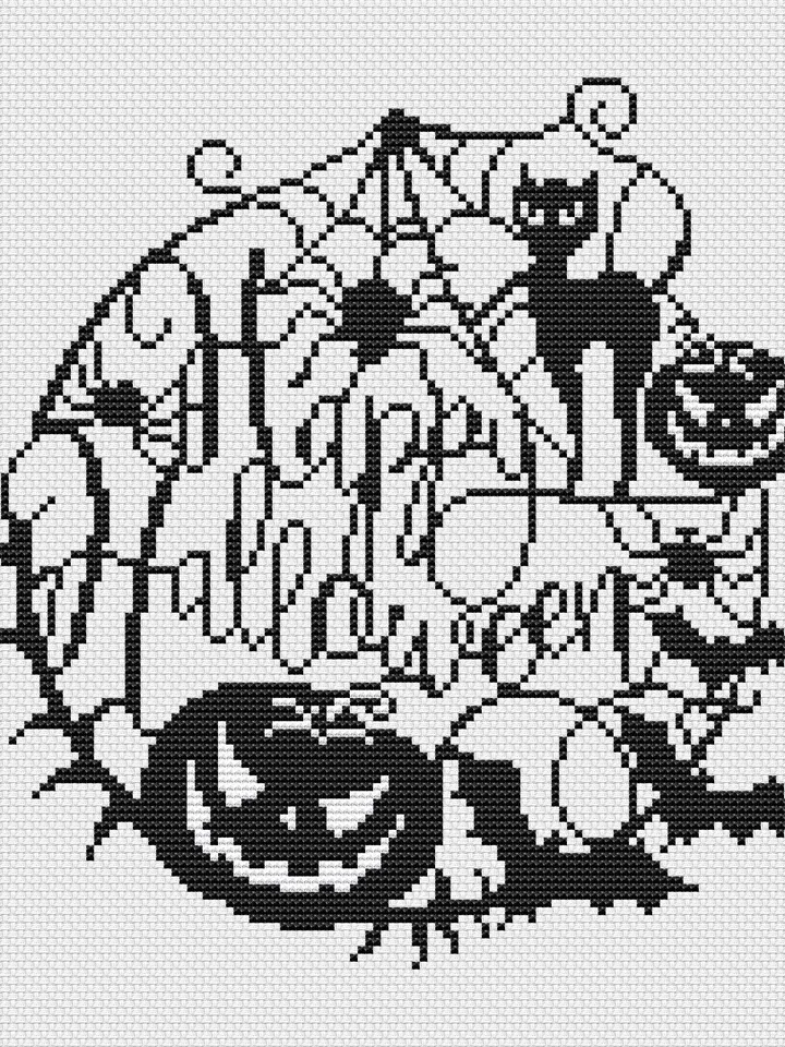 Happy Halloween cross stitch pattern modern, Gothic cross stitch chart, Diy halloween decor, Funny Xstitch design, Easy