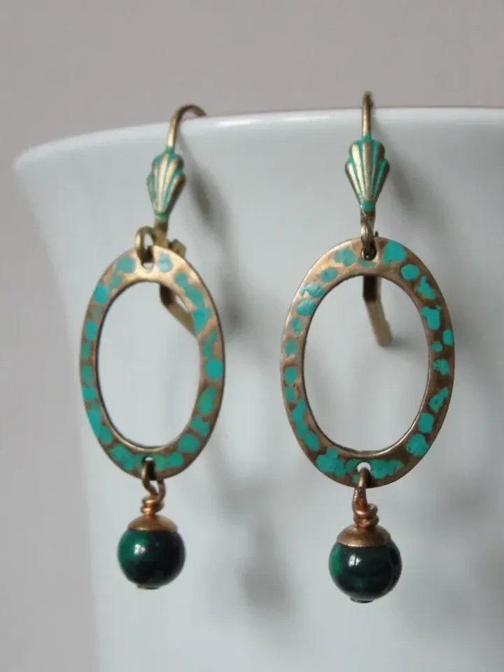 Boho Shabby chic Vintaj solid and natural brass Chrysocolla earrings Textured patinated