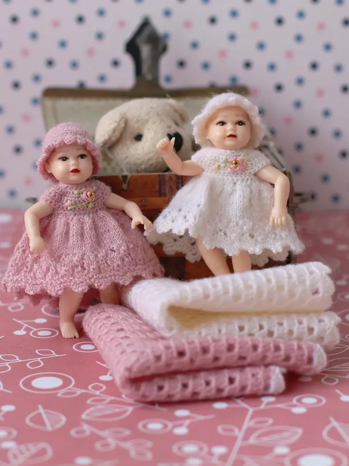 Miniature hand knitted dress for 2 inch baby doll Heidi Ott