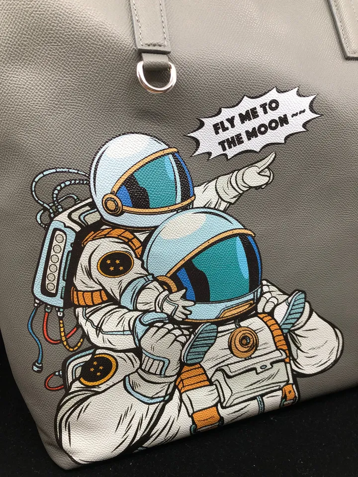 Astronaut Tote Bag with Art, Genuine Leather Tote Bag Lined, Space Tote Bag with a Moon, Space Gifts for Women, Valentines Day Gift Ideas