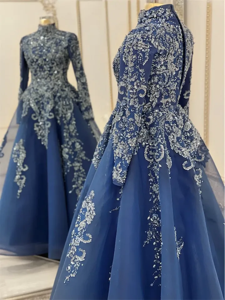 AHUNARE HIJAB - Linda Navy Blue Embroidered Wedding Dress, Muslim Evening Gown, Nikah, Islamic Wedding, Engagement, Bridesmaid,