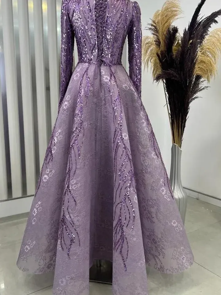 AHUNARE HIJAB - Çırağan Lilac Embroidered Wedding Dress, Muslim Evening Gown, Nikah, Islamic Wedding, Engagement, Bridesmaid,