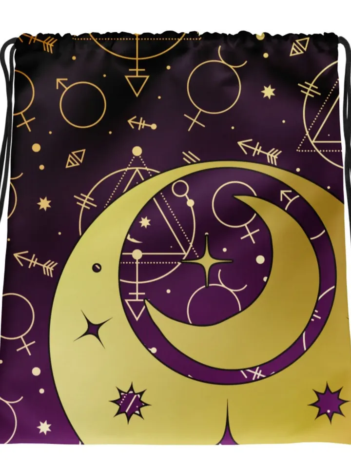 Tarot Divination Drawstring Bag | TTRPG String Strap Bag, Light Beach Bag, Horoscope Polyester Bag of Holding, Tarot Deck Pattern Bag