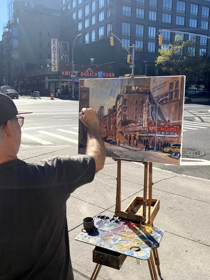 New York Cityscape Painting - Down Ludlow/Katz&#39;s Delicatessen/NYC- 18x24 Oil on Linen, Original Lower East Side Urban Impressionist Scene