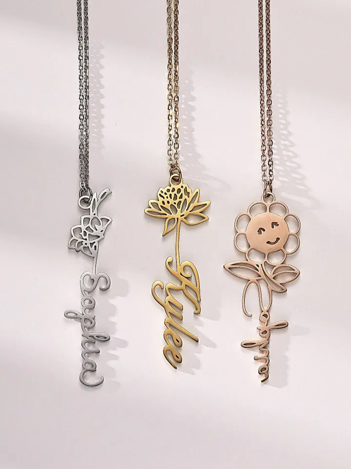 PERIMADE Birth Flower Name Necklace • Custom ID Initial Name Necklace • Sentimental Best Friend Jewelry • Trendy Bridesmaid Birthday Gift