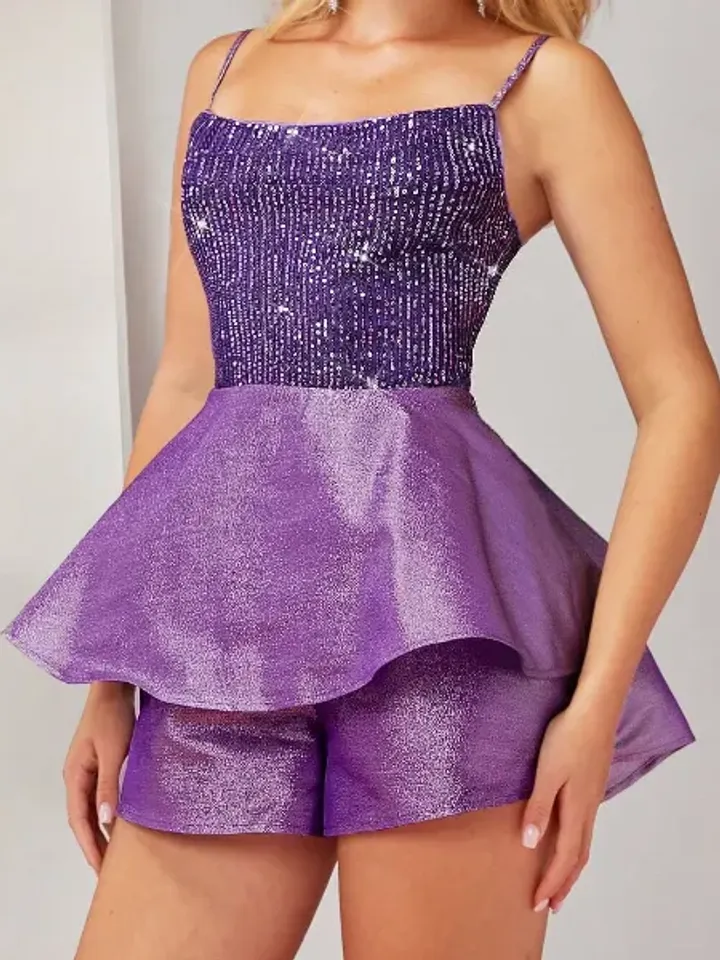 Sequin Spaghetti Strap Tiered Layered Peplum Waist Romper Jumpsuit Wedding Party Evening Prom Cocktail Women Ladies