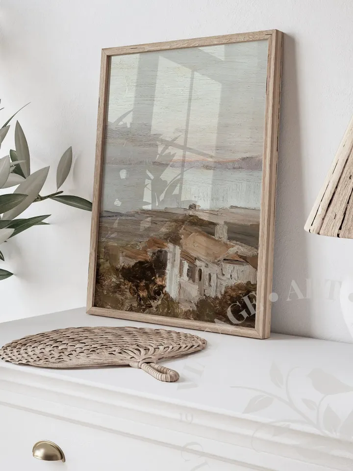 Warm Tone Coastal Wall Art, Vintage Landscape Painting, PRINTABLE Downloadable Home Decor | 301