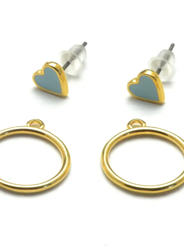 Tiny Heart Studs with Enamel, Girlfriend Earrings Minimalist Gold Ear Jackets, Dainty Turquoise or Black Stud Earring, Double Sided Earring
