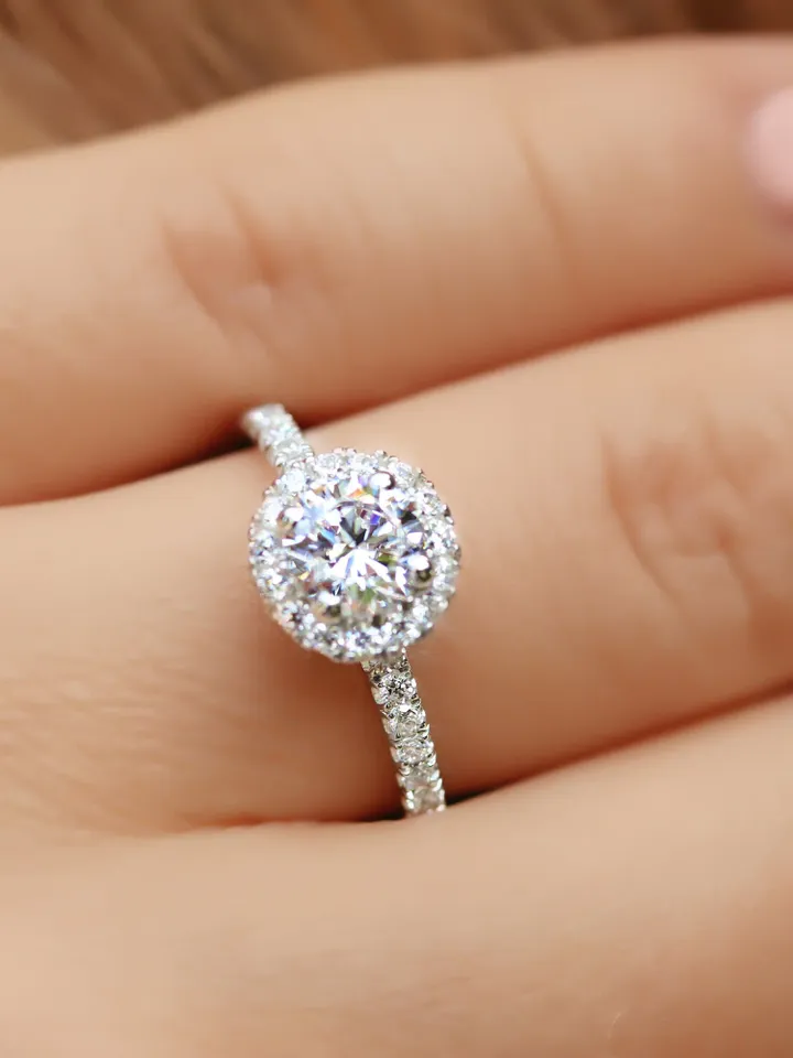 HALO MOISSANITE RING | 1.5 Ct Round Moissanite Engagement Ring | Minimalist Half Eternity Diamond Wedding Ring Band | Women Birthday Gift