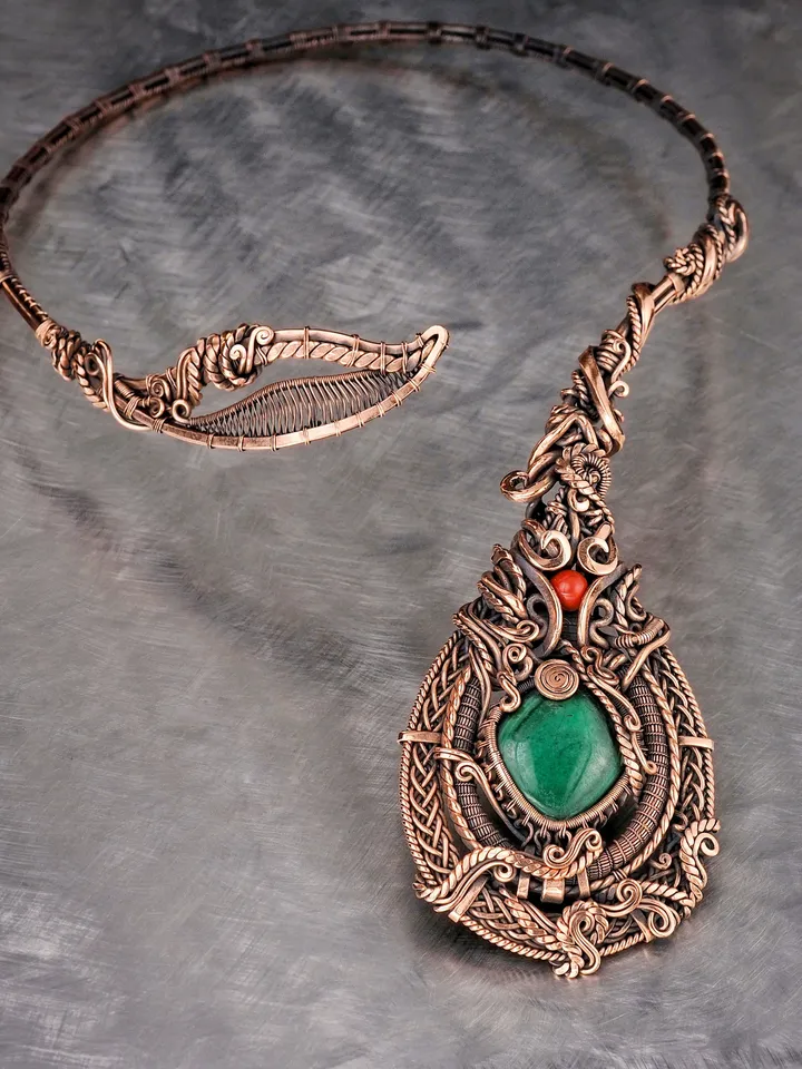 Malachite and jasper collar necklace Unique wire wrapped copper open choker for woman Artisan jewelry Wire Wrap Art