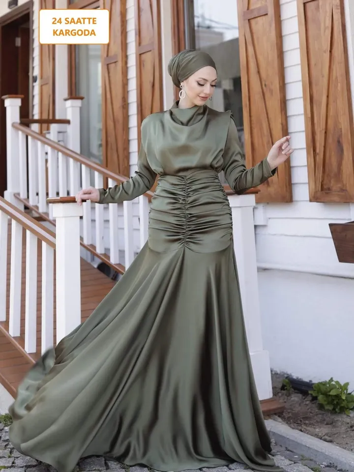 AHUNARE HIJAB - Dilara  Khaki Satin Wedding Dress, Muslim Evening Gown, Nikah, Islamic Wedding, Engagement, Bridesmaid,