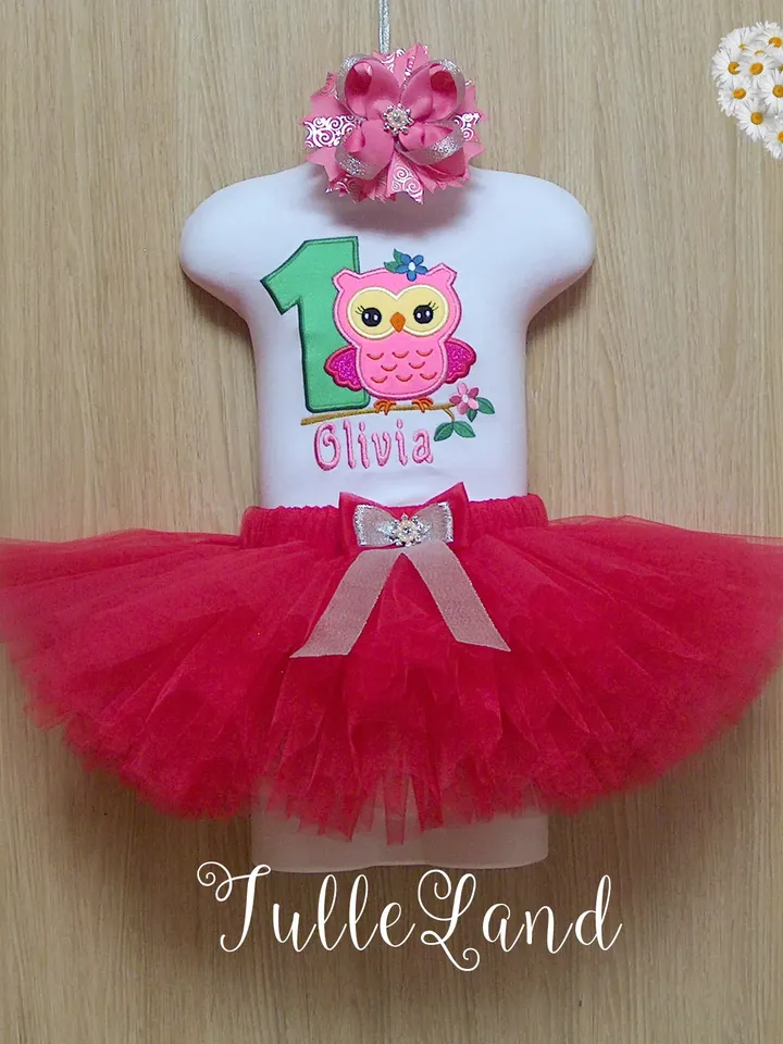 Owl with number One Birthday for girl Design Applique for Machine Embroidery