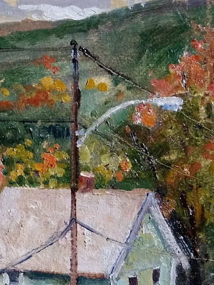 Original Autumn Landscape Painting -Downhill Houses- 10x17 Oil on Panel, Plein Air Impressionist Oil, Signed Original