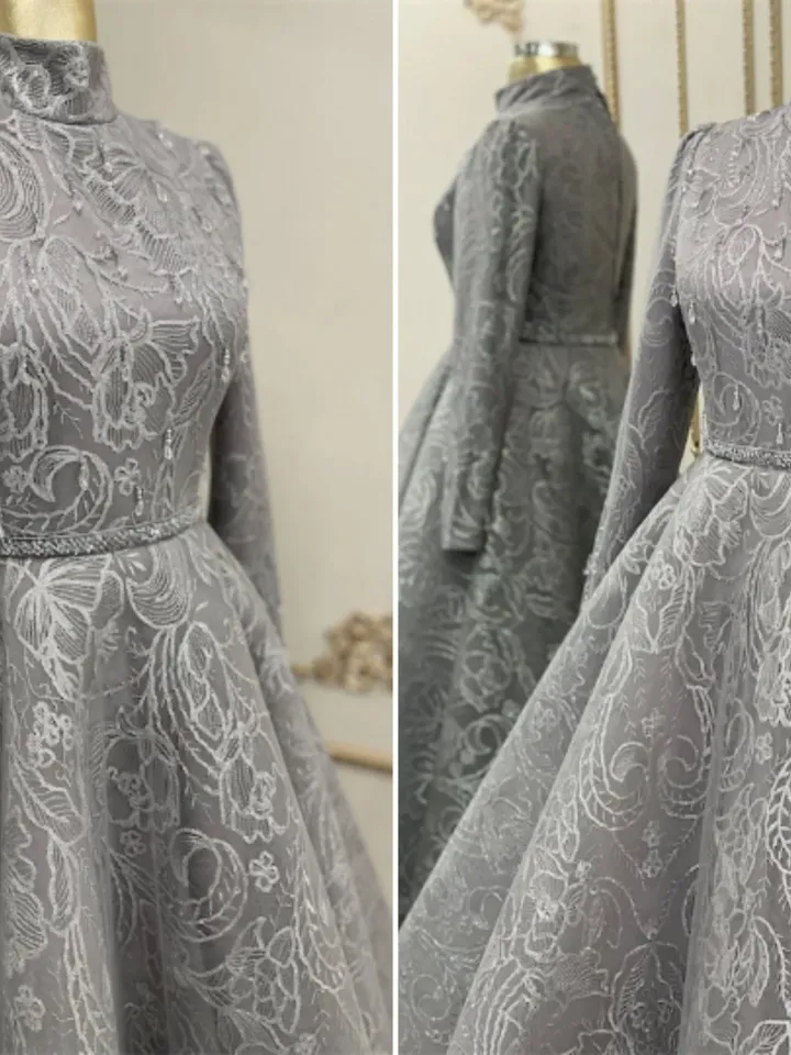 AHUNARE HIJAB - Burç Grey Lace Embroidered Wedding Dress, Muslim Evening Gown, Nikah, Islamic Wedding, Engagement, Bridesmaid,