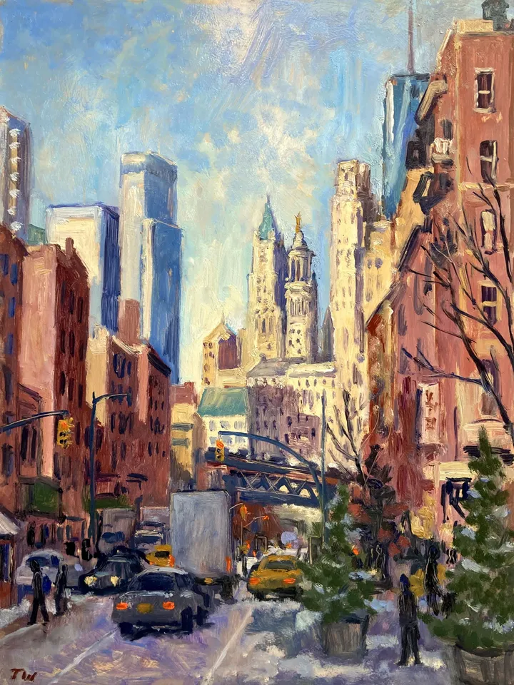 Original New York Cityscape Painting - Downtown from Chinatown/NYC- 12x16 Oil on Panel, Plein Air Impressionist Landscape