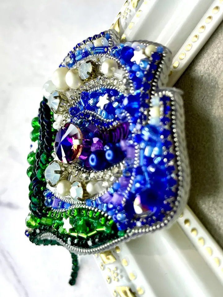 Beaded Flower Brooch, Handmade Embroidered Accessory, Pin Blossom in Blue Color with Half-moon Crescent, Moon Brooch