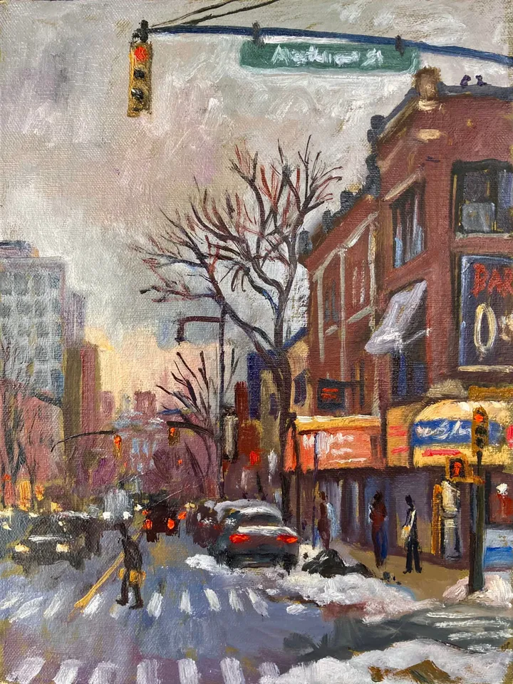 Brooklyn Cityscape Painting- Snow on Flatbush Ave- 9x12 Oil on Canvas, New York Winter Impressionism, Signed Original American Fine Art