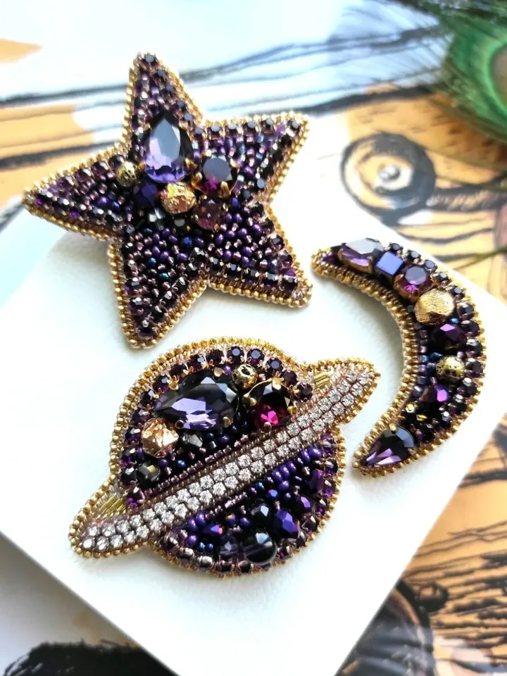 Set of brooches, star brooch, moon brooch, Saturn brooch, space pin, planet brooch, star and moon brooch, jewelry set