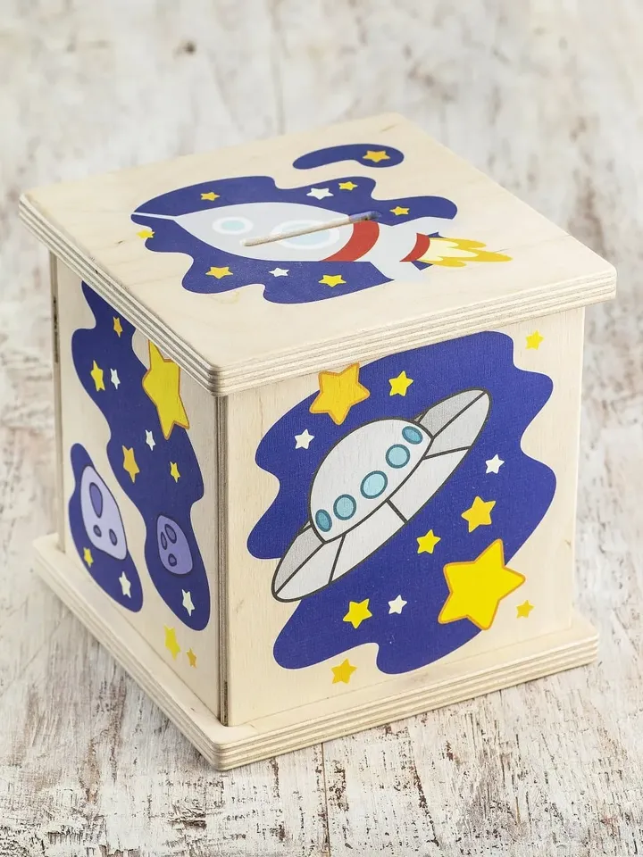 Wooden piggy bank, Kids Birthday Gift, Coin Bank, Space nursery decor