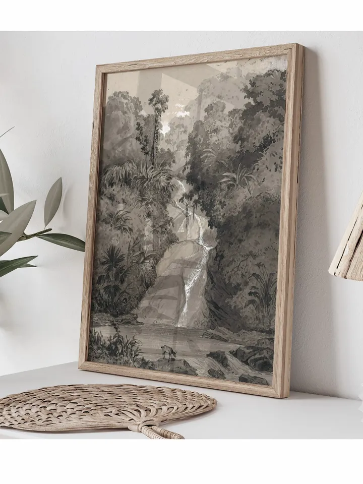Waterfall Painting Jungle Art Print, Muted Landscape, Vintage Printable Wall Decor Download | 159