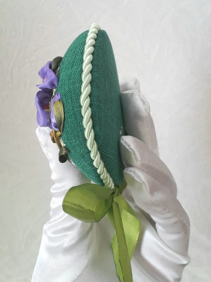 Green pincushion pillow ribbon embroidery, needle case with embroidered iris , embroidered pin accessory