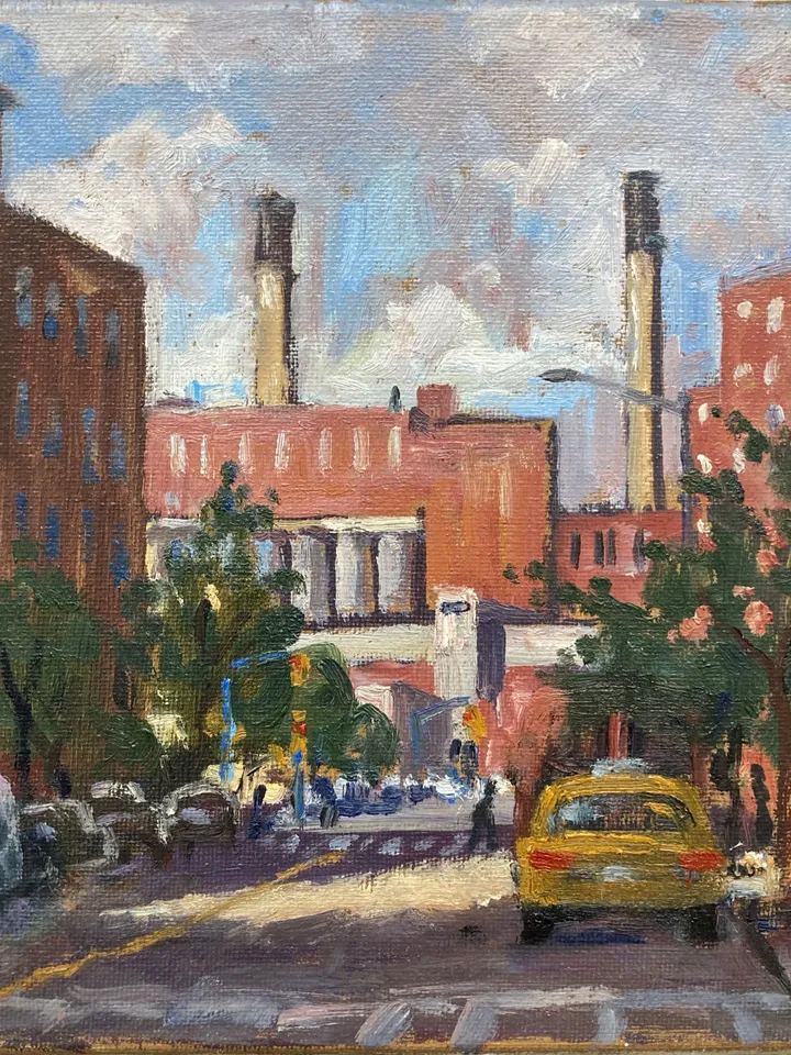 East Village NYC Cityscape Painting -From Avenue D- 8x8 Oil on Canvas, Urban Impressionist Fine Art, Signed Original