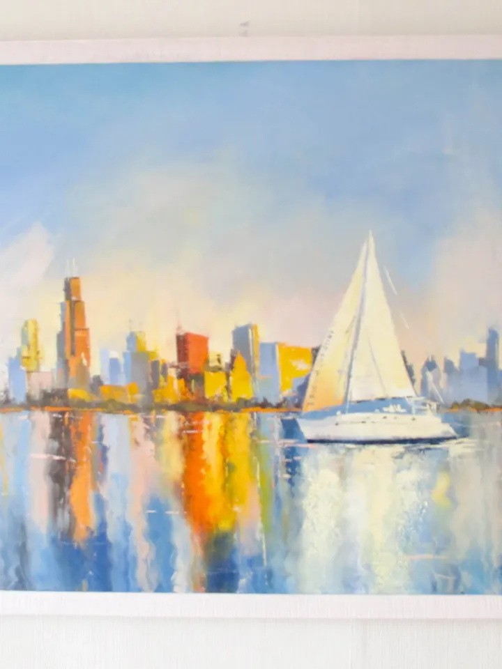Chicago Painting ORIGINAL OIL PAINTING on Canvas, HAND PAINTED Lake Michigan Chicago Skyline Original Art by "Walperion"