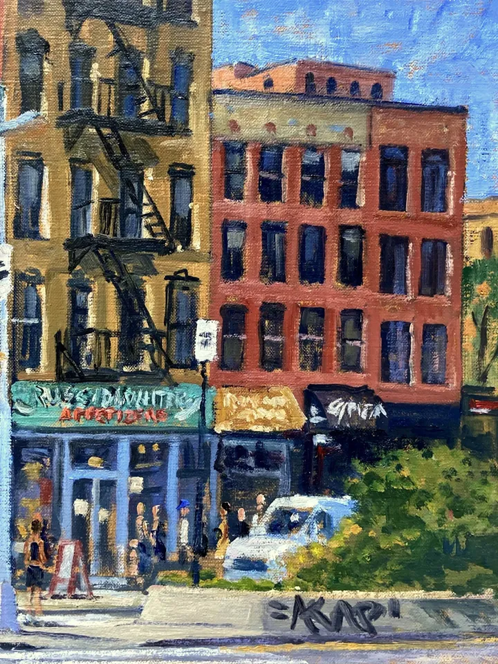 Original New York City Oil Painting - Russ and Daughters /NYC - 12x12 Oil on Linen, Impressionist Landscape, Signed Plein Air Fine Art