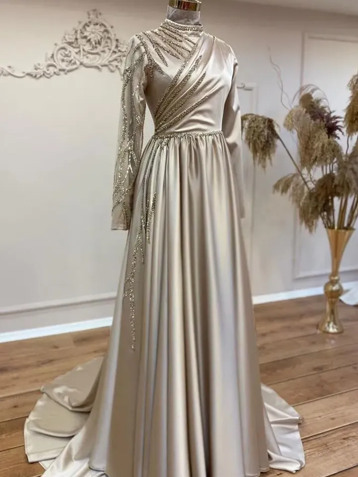 AHUNARE HIJAB - Şura Saten Wedding Dress, Muslim Evening Gown, Nikah, Islamic Wedding, Engagement, Bridesmaid,