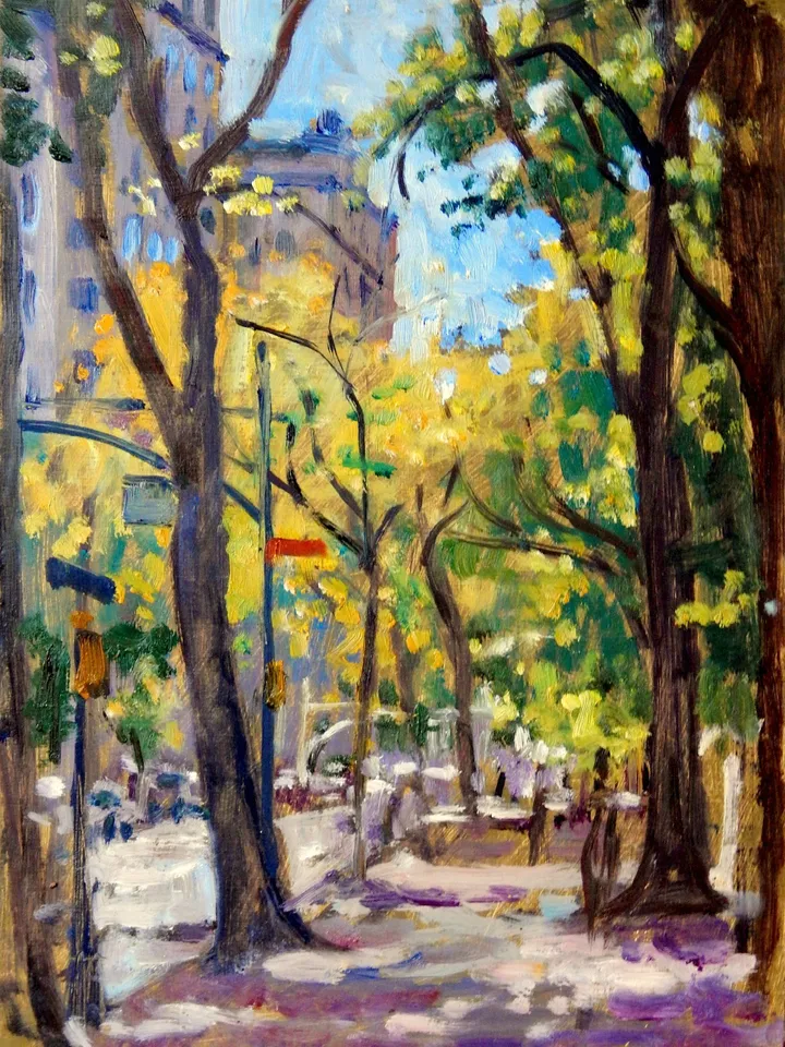 9x12 New York City Landscape Painting - Central Park/Autumn on Fifth Ave NYC - Oil on Panel, Impressionist Cityscape, Original Fine Art