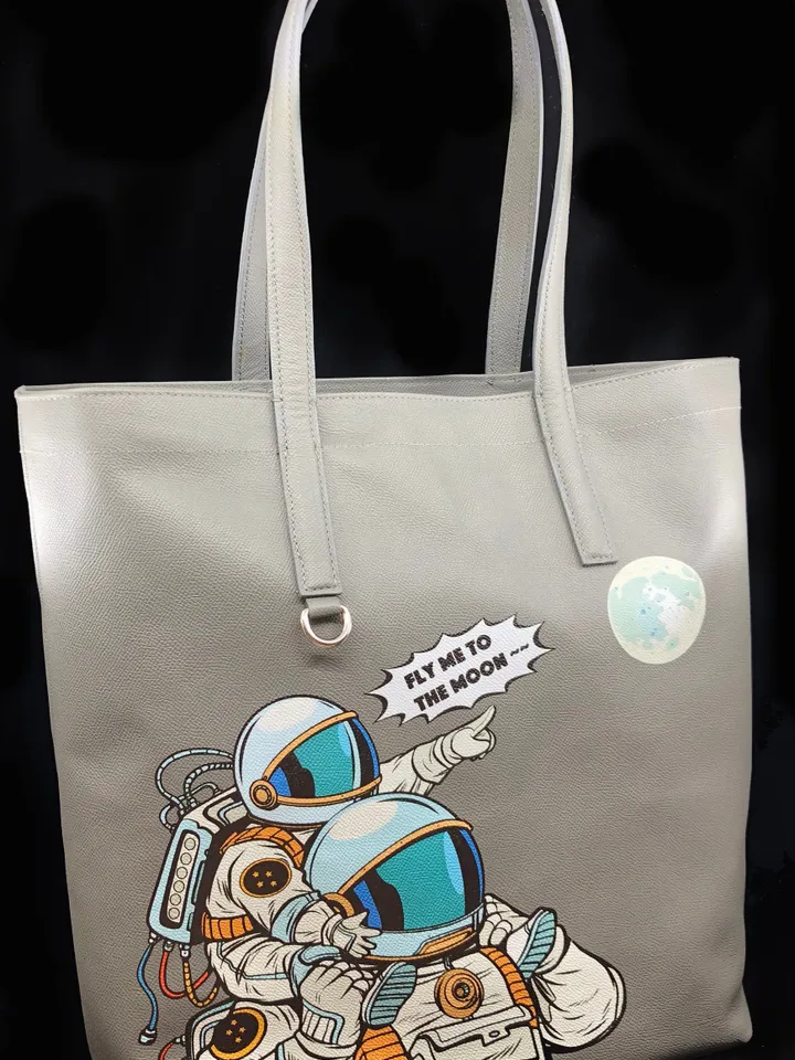 Astronaut Tote Bag with Art, Genuine Leather Tote Bag Lined, Space Tote Bag with a Moon, Space Gifts for Women, Valentines Day Gift Ideas