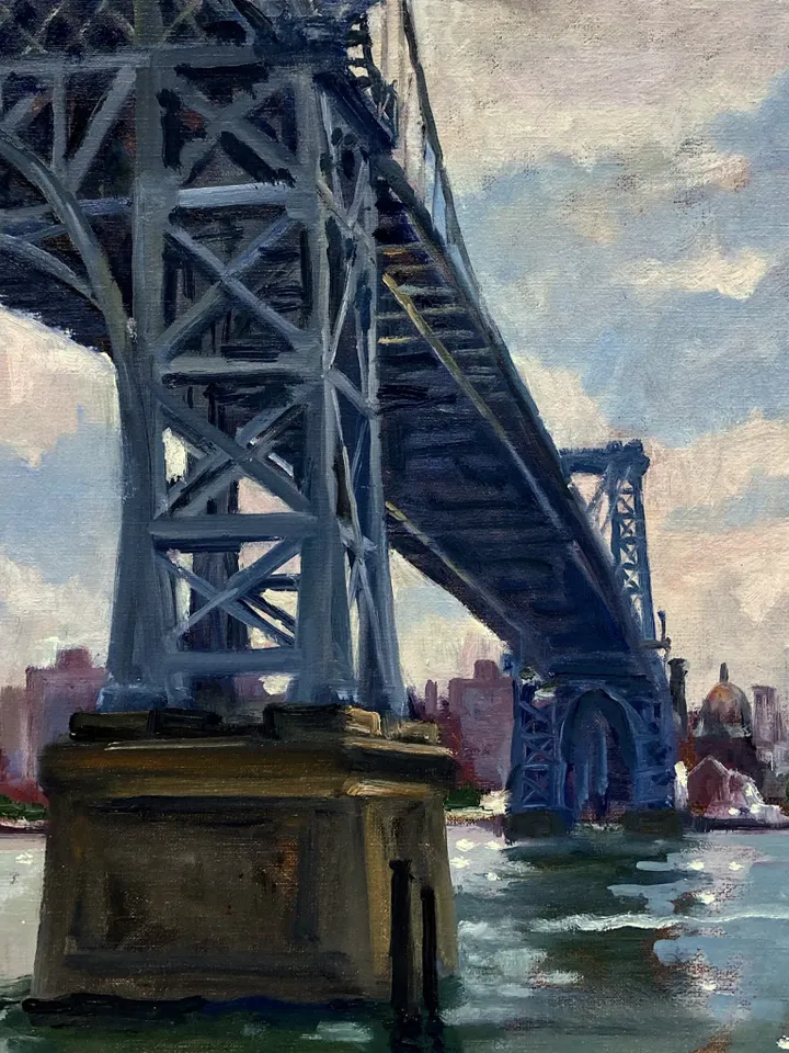 Original New York Cityscape Painting - Williamsburg Bridge/NYC - 14x20 Oil on Canvas, Impressionist Fine Art, Signed Original Landscape