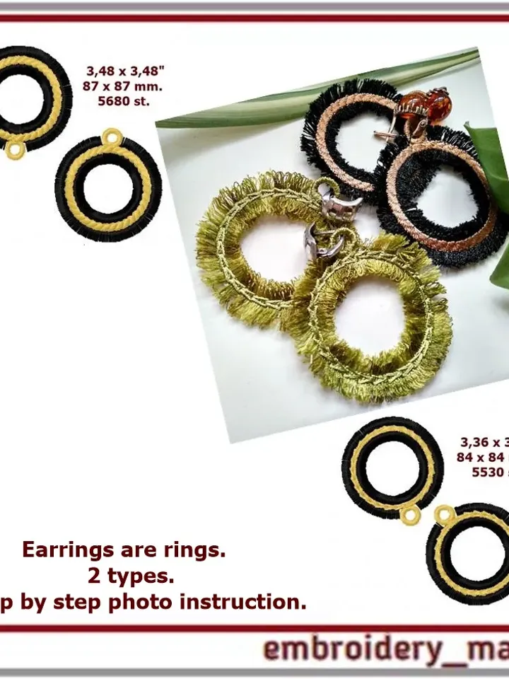 In the hoop embroidery design FSL Fringed ring quirky earrings.