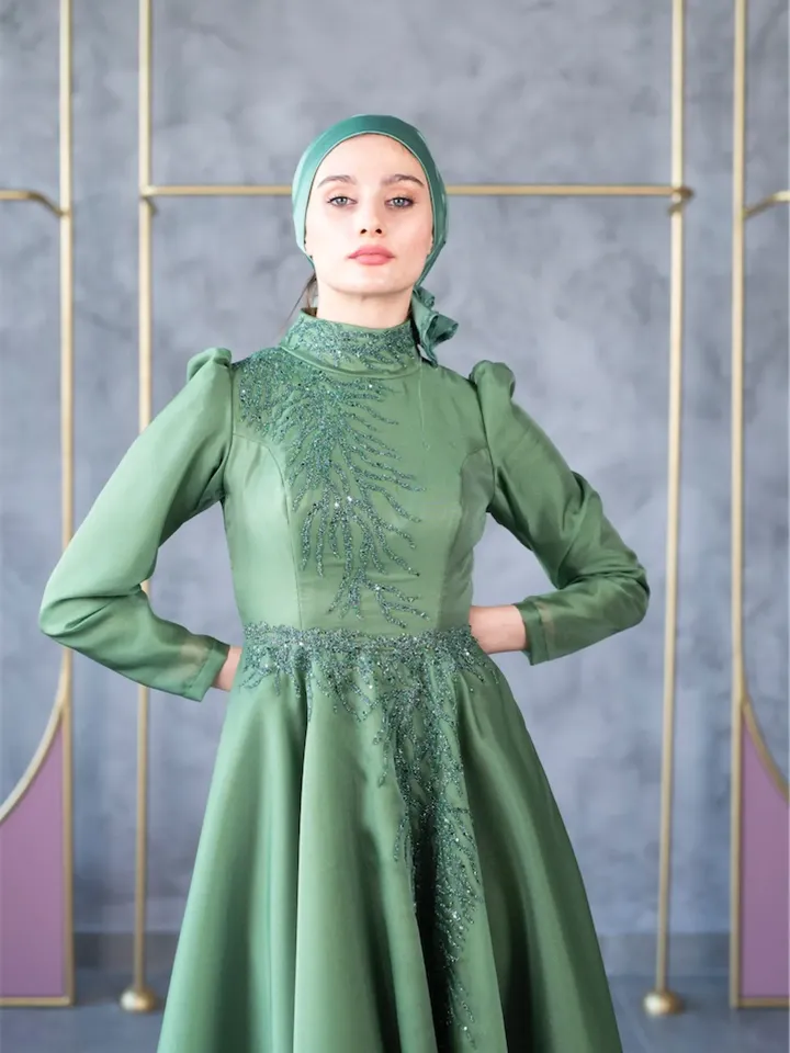AHUNARE HIJAB - Mimoza Green Embroidered Wedding Dress, Muslim Evening Gown, Nikah, Islamic Wedding, Engagement, Bridesmaid,
